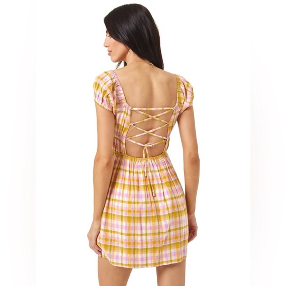 L*Space Belle Plaid Yellow & Pink Criss Cross Back Mini Dress Various Sizes NWT - Picture 3 of 8